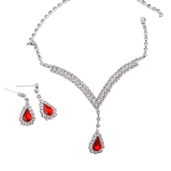 2-Delige set-Rood-Strass-Zilverkleur-Trouwen-Ketting-Oorbellen-Charme Bijoux