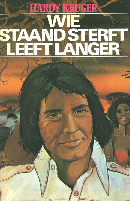 Portret van Hardy Kruger, met op de achtergrond een Afrikaans landschap met dieren en een vrouw.