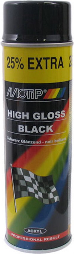 Aérosol de laque noire brillante Motip. Avec 25% de contenu en plus et un drapeau de course.