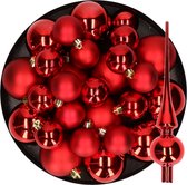 Kerstversiering kunststof kerstballen met glazen piek rood 6-8-10 cm pakket van 37x stuks - Kerstboomversiering