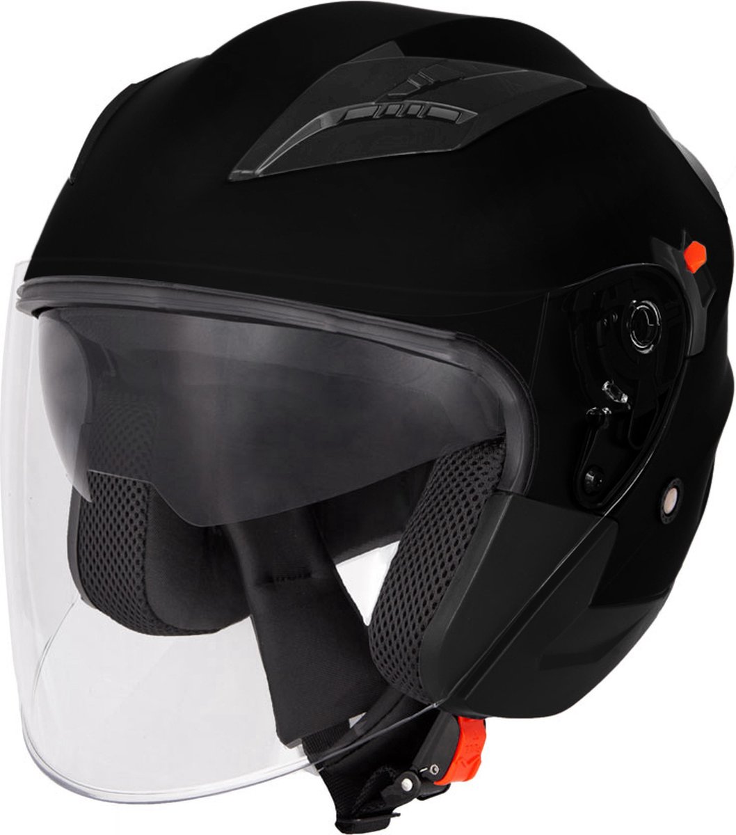 LIONCIANO Motorhelm, ECE 22.06-gecertificeerde halfopen helm, open helm, voor motor- en scooters, dames, volwassenen, anti-kras vizier (mat zwart, L = 59-60 cm