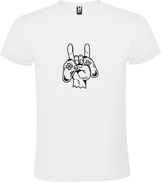 Wit T shirt met print van " Gamecontroller in Hand " print Zwart size XL
