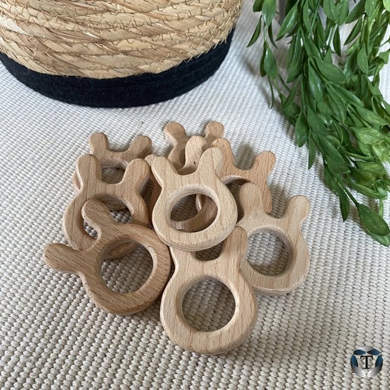 Houten Bijtring | Konijn | Hout | Dieren | Hobby | DIY | Ringen | Kralen | Baby Shower | Kinderkamer | Fopspeen | Baby Mobiel | Cadeau idee | Doe het zelf | Baby | 100%  Onbewerkt | TheOldOmen |