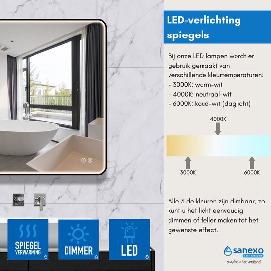 Badkamerspiegel Flare - touch dimbaar, kleurinstelbaar met verwarming