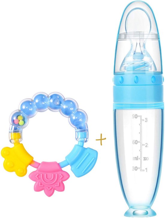 Babyflesje - Biberoia® Knijpfles met lepel -  Bijtring - Rammelaar - Baby - Kinderbestek - Baby speelgoed - Blauw
