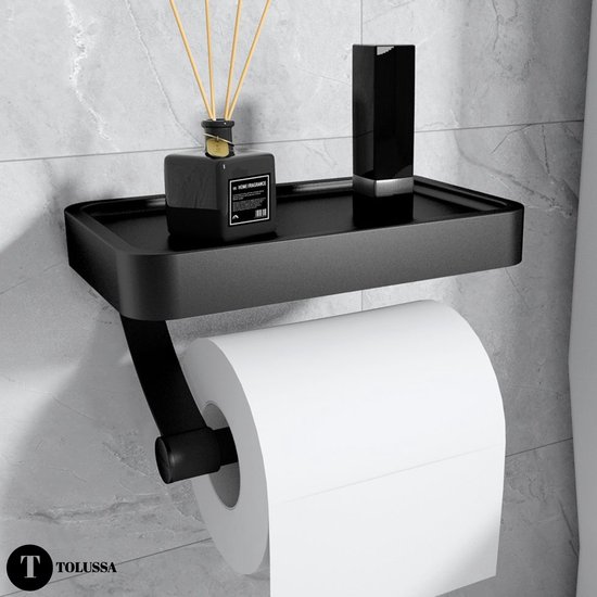 Tolussa Porte-papier toilette noir avec étagère - Porte-papier toilette Zwart avec étagère - Avec et sans perceuses