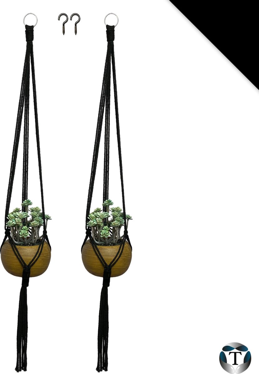 Luxe Plantenhangers | Zwart | Set van 2 stuks | Incl. Ophanghaken | 100% Katoen | 100% Handgemaakt | Macramé | Plantenpot Ophangen | Binnen & Buiten | Planten | TheOldOmen |