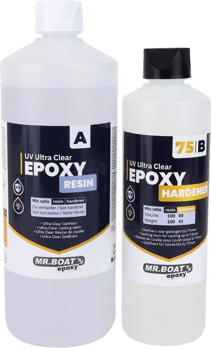 Mr.Boat Epoxy Giethars Ultra Clear 75 - 357 gram- Transparante Resin / Hars - Bevat UV blocker - 3 Mengbekers - Handschoenen - 3 Tongspatels - 