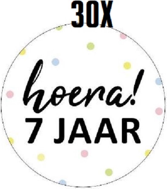 Foto: 30x sluitsticker hoera 7 jaar sluitstickers 40mm jarig hoera feest uitdelen sluitzegel traktatiesticker verjaardag 7 jaar traktatie 30 stuks stickers cadeausticker wensetiket