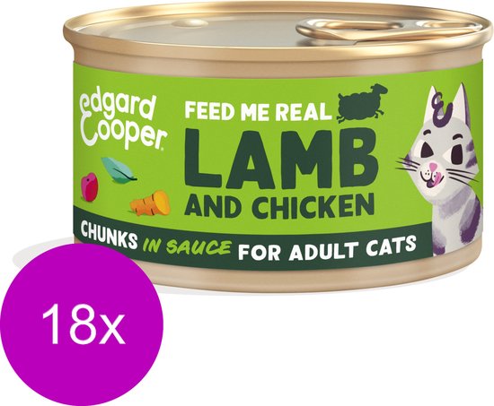 Edgard & Cooper Kattenvoer Graanvrij Natvoer voor Katten Gesteriliseerde of Actieve Kat Natuurlijke Stukjes in Saus 85g x 18 Verse Lam & Kip, Smakelijk en Uitgebalanceerd, Vers Vlees