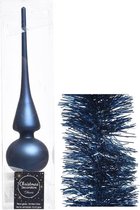 Kerstversiering glazen piek mat 26 cm en folieslingers pakket donkerblauw van 3x stuks - Kerstboomversiering