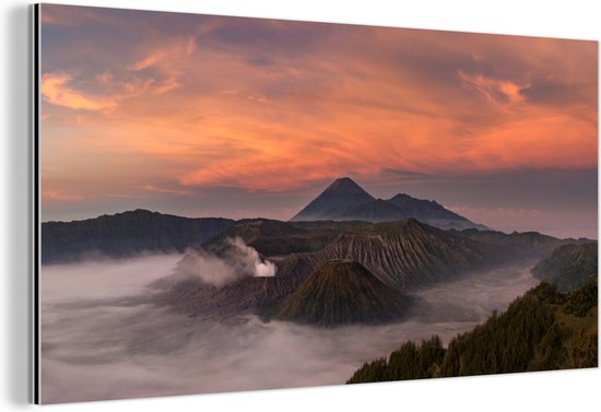 Wanddecoratie Metaal - Aluminium Schilderij Industrieel - Bromo bij zonsondergang - 40x20 cm - Dibond - Foto op aluminium - Industriële muurdecoratie - Voor de woonkamer/slaapkamer