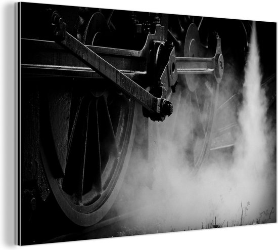 Wanddecoratie Metaal - Aluminium Schilderij Industrieel - De wielen van een stoomlocomotief in zwart-wit - 180x120 cm - Dibond - Foto op aluminium - Industriële muurdecoratie - Voor de woonkamer/slaapkamer