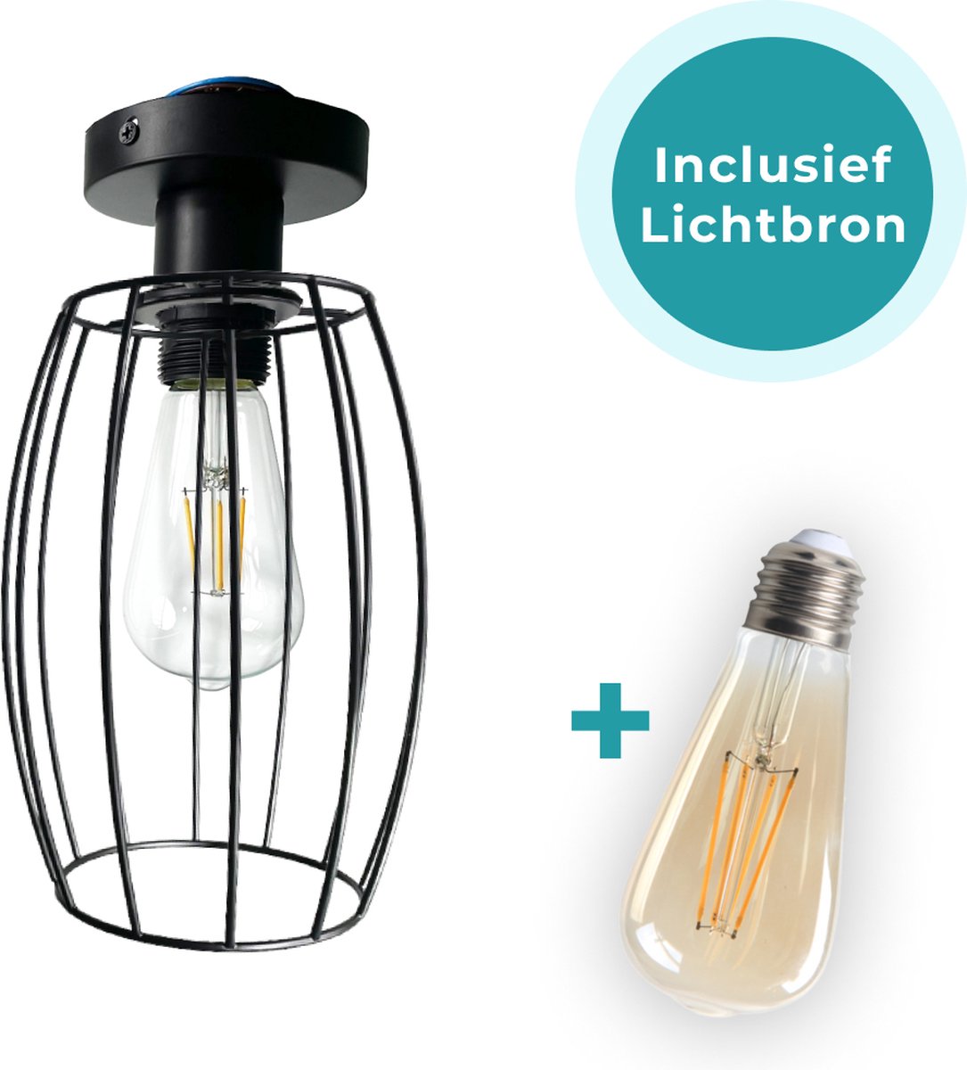 Lumefy Hanglamp Industrieel Rond - Inclusief Lichtbron - Plafondlamp Metaal - Zwart