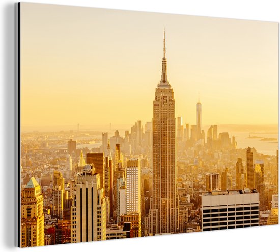 Wanddecoratie Metaal - Aluminium Schilderij Industrieel - Gouden zonsondergang bij het Empire State Building in New York - 90x60 cm - Dibond - Foto op aluminium - Industriële muurdecoratie - Voor de woonkamer/slaapkamer