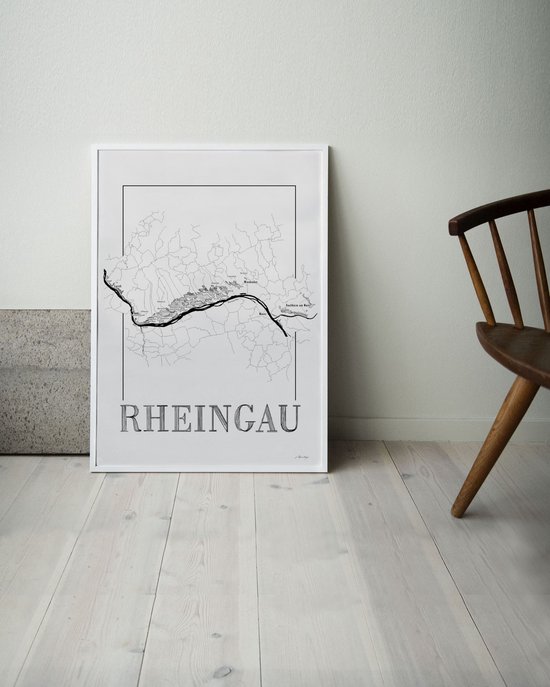 Wijnkaart poster - Rheingau - Duitsland - wijnstreek - zwart wit