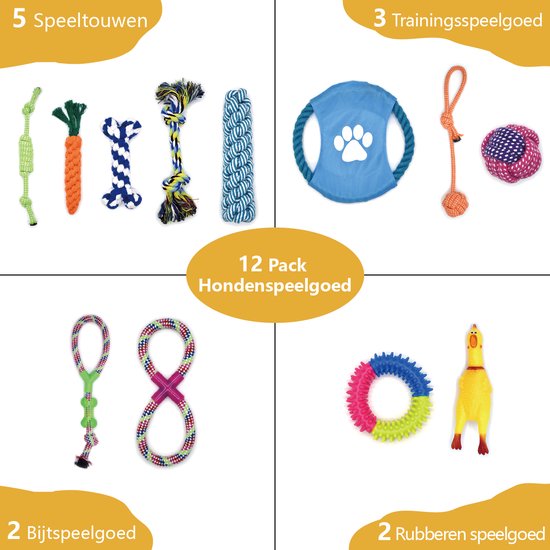 WEBU 12-Pack Hondenspeelgoed set - Hondenspeeltjes - Honden Speelgoed Bevordert de Intelligentie van uw Hond - Kauw/Bijt Speelgoed - Geschikt voor Puppy’s t/m Grote Honden - Merkloos