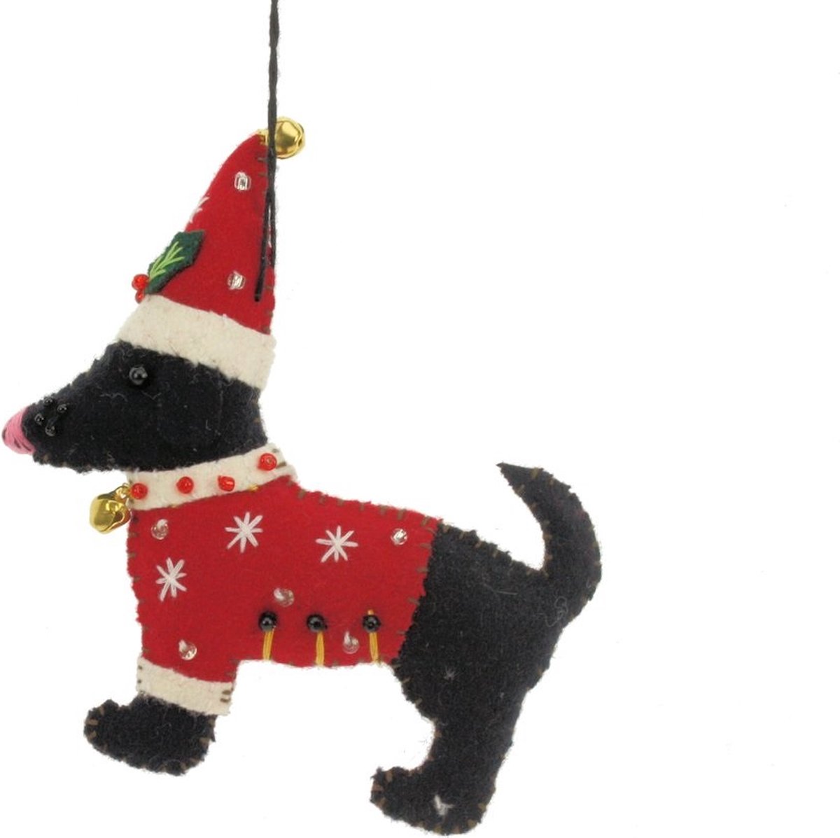 Hond met rode trui en kerstmuts, vilt 11x2x12cm