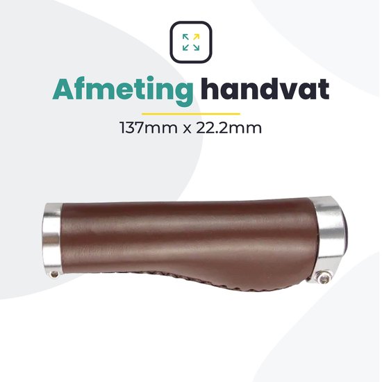 Bruine, leren fietshandvat met zilverkleurige uiteinden, 137mm x 22.2mm.