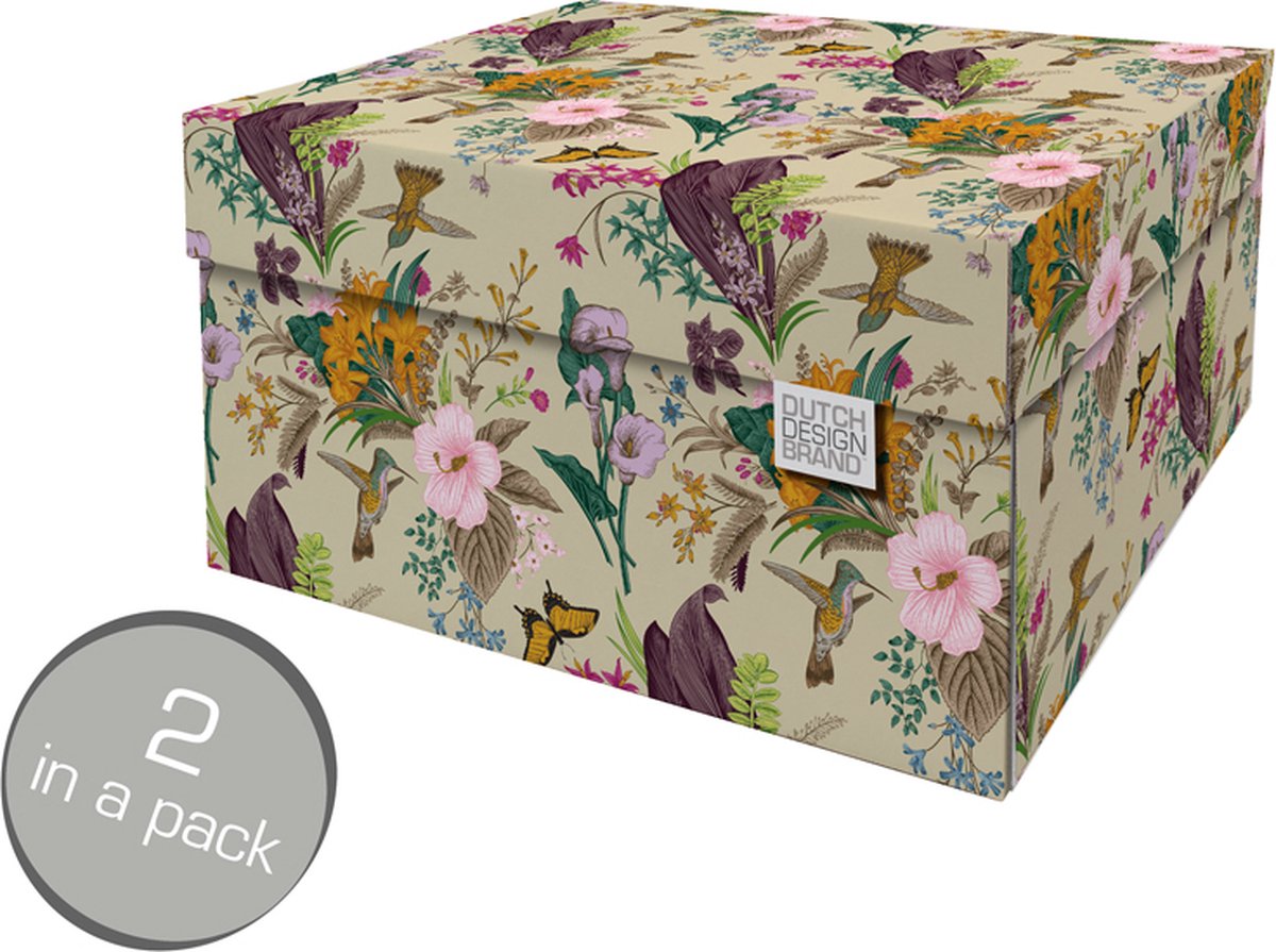 Dutch Design Brand - Dutch Design Storage Box Medium - Opbergdoos - Opbergbox - Bewaardoos - Bloemen, Kolibrie, Vlinders - Botanical
