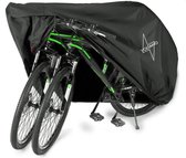 Zwarte fietsbedekking voor 2 fietsen met groene accenten, met Voltano logo.
