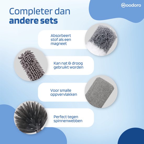 Woodoro Ragebol Uitschuifbaar Complete 9-Delige Set - Verstelbare Telescoopsteel - Plumeau - RVS - Zwart & Grijs