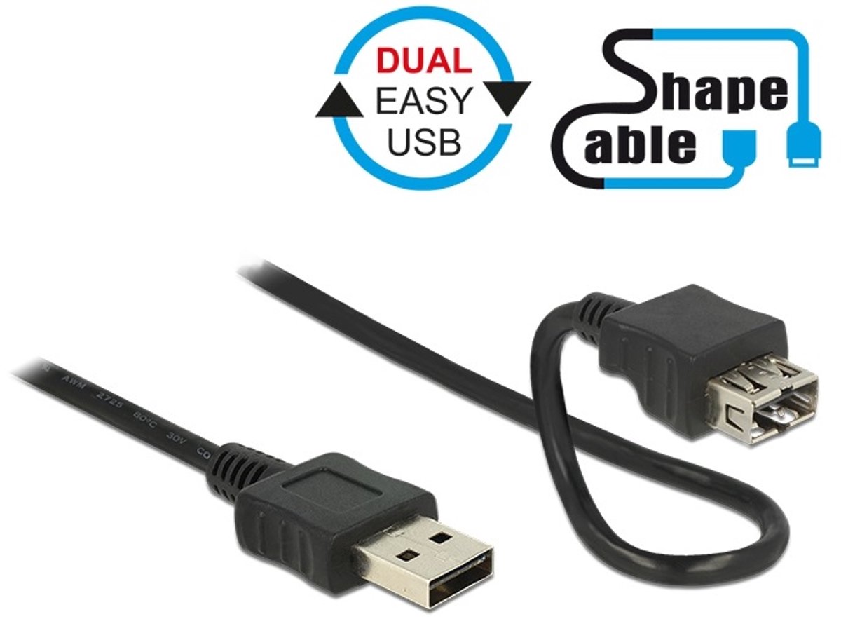 Easy-USB naar Easy-USB vormbare verlengkabel - USB2.0 - tot 0,5A / zwart - 1 meter