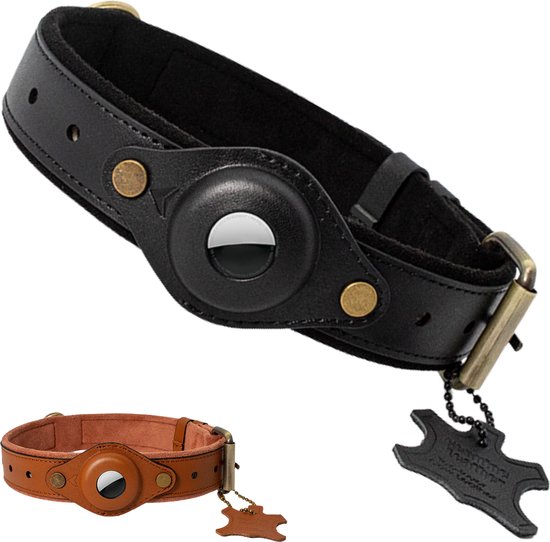 AdroitGoods Lederen Halsband voor Honden - Zwart - Geschikt Voor Airtag - Houder