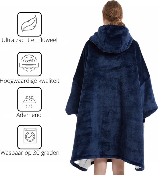Q-Living Hoodie Deken - Snuggie - Plaid Met Mouwen - Snuggle Hoodie - Fleece Deken Met Mouwen - 1450 gram - Navy Blauw Met Korte Rits