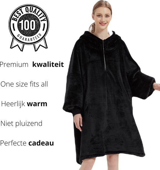 Q-Living Hoodie Deken - Snuggie - Plaid Met Mouwen - Snuggle Hoodie - Fleece Deken Met Mouwen - 1450 gram - Zwart Met Korte Rits