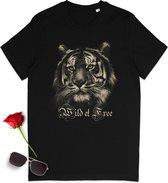 T shirt met tijger opdruk - Tekst: Wild and Free - Dames en heren tshirt met print - Unisex maten: S t/m 3XL - Kleur: zwart.