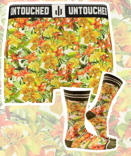 Lot de 2 boxers Untouched Tropical Flower homme + Chaussettes - 39-42 - XL- Cadeaux amusants - Cadeau de la Saint-Valentin pour lui - Coffret cadeau homme - Conseils cadeaux homme