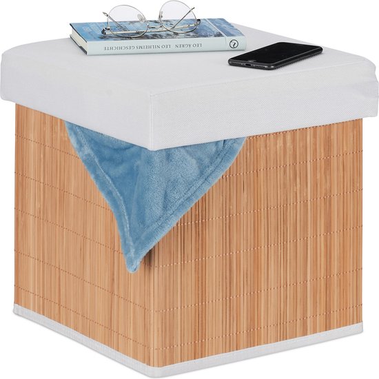 Relaxdays avec espace de rangement - tabouret - pliable - pouf de rangement - bambou - nature/blanc