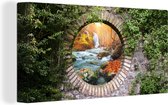 Canvas Schilderij Herfst - Waterval - Natuur - Doorkijk - 40x20 cm - Wanddecoratie