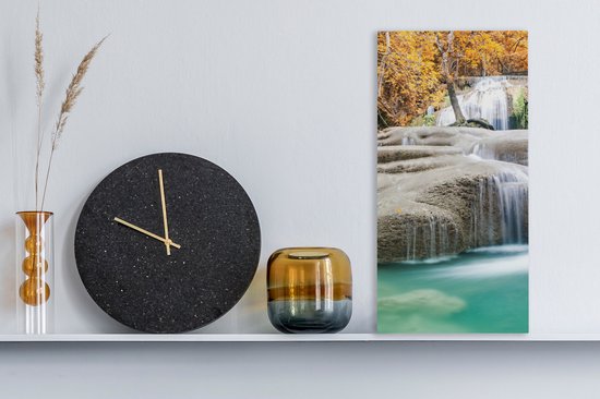 Canvas Schilderij Bos - Waterval - Water - Herfst - 20x40 cm - Wanddecoratie