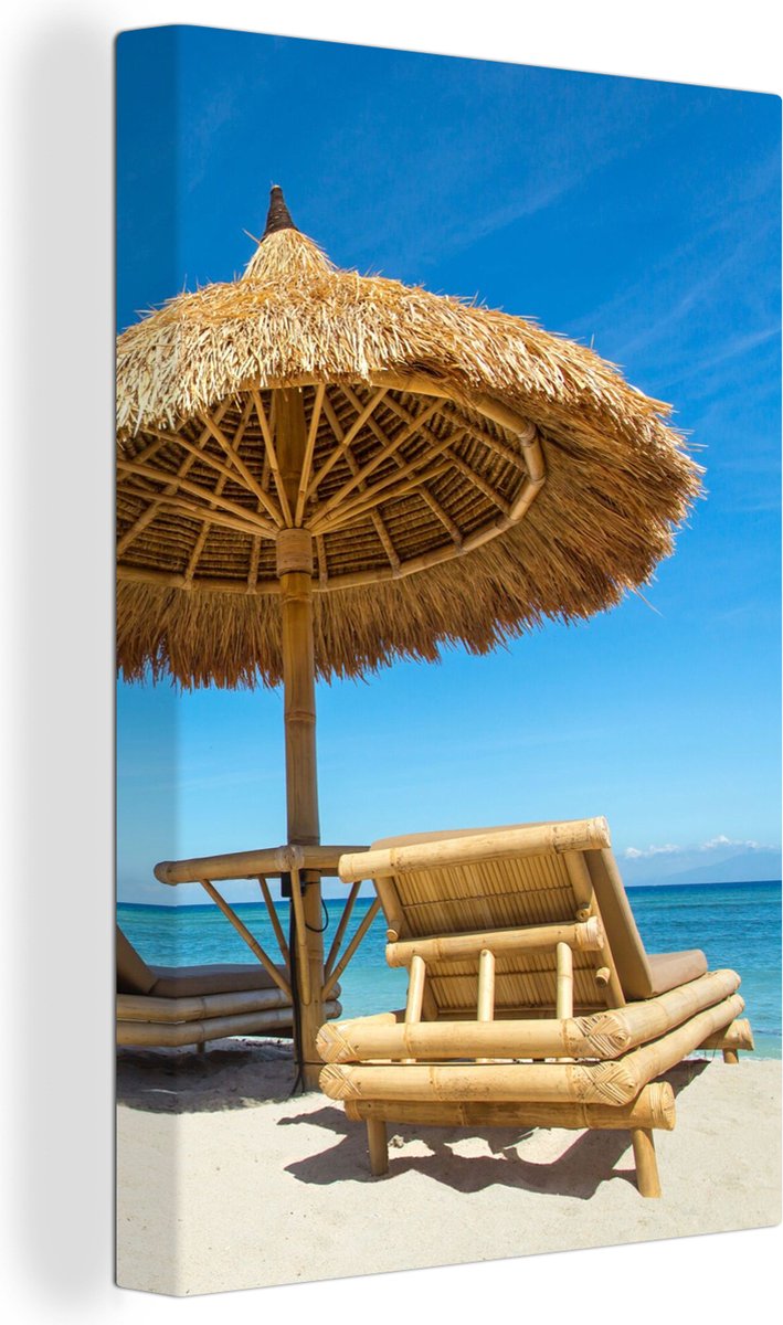 Canvas Schilderij Strandstoel - Strand - Parasol - Zee - Zomer - 20x30 cm - Wanddecoratie