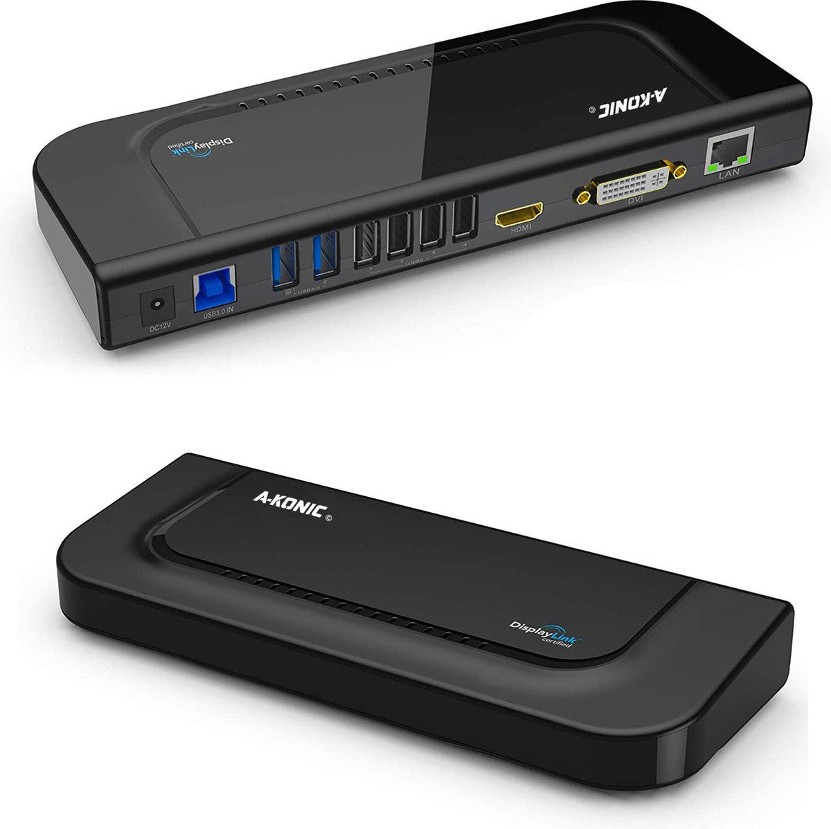 A-KONIC USB 3.0 Laptop Docking Station – Universeel – Dual Display – HDMI, DVI, Gigabit Ethernet en meer - Zwart