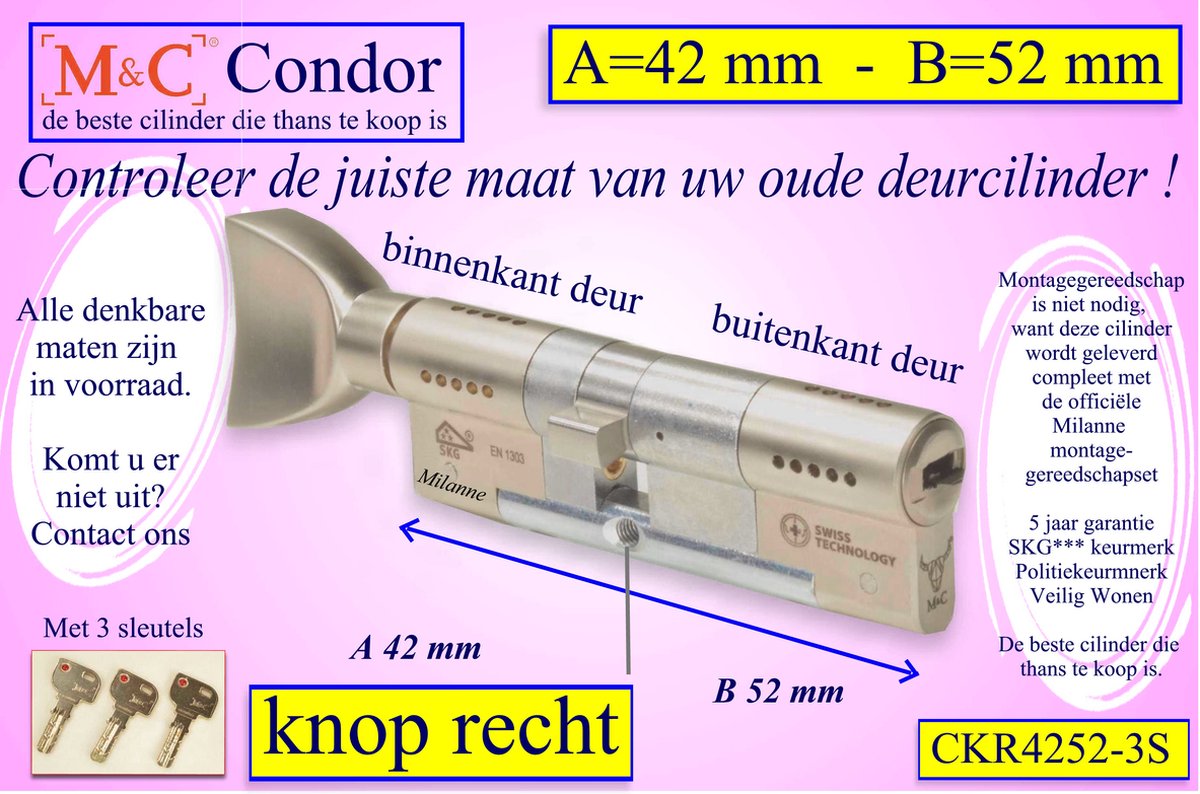 M&C Condor high security deurcilinder met Knop RECHT 42x52 mm - SKG*** - Politiekeurmerk Veilig Wonen - inclusief gereedschap montageset