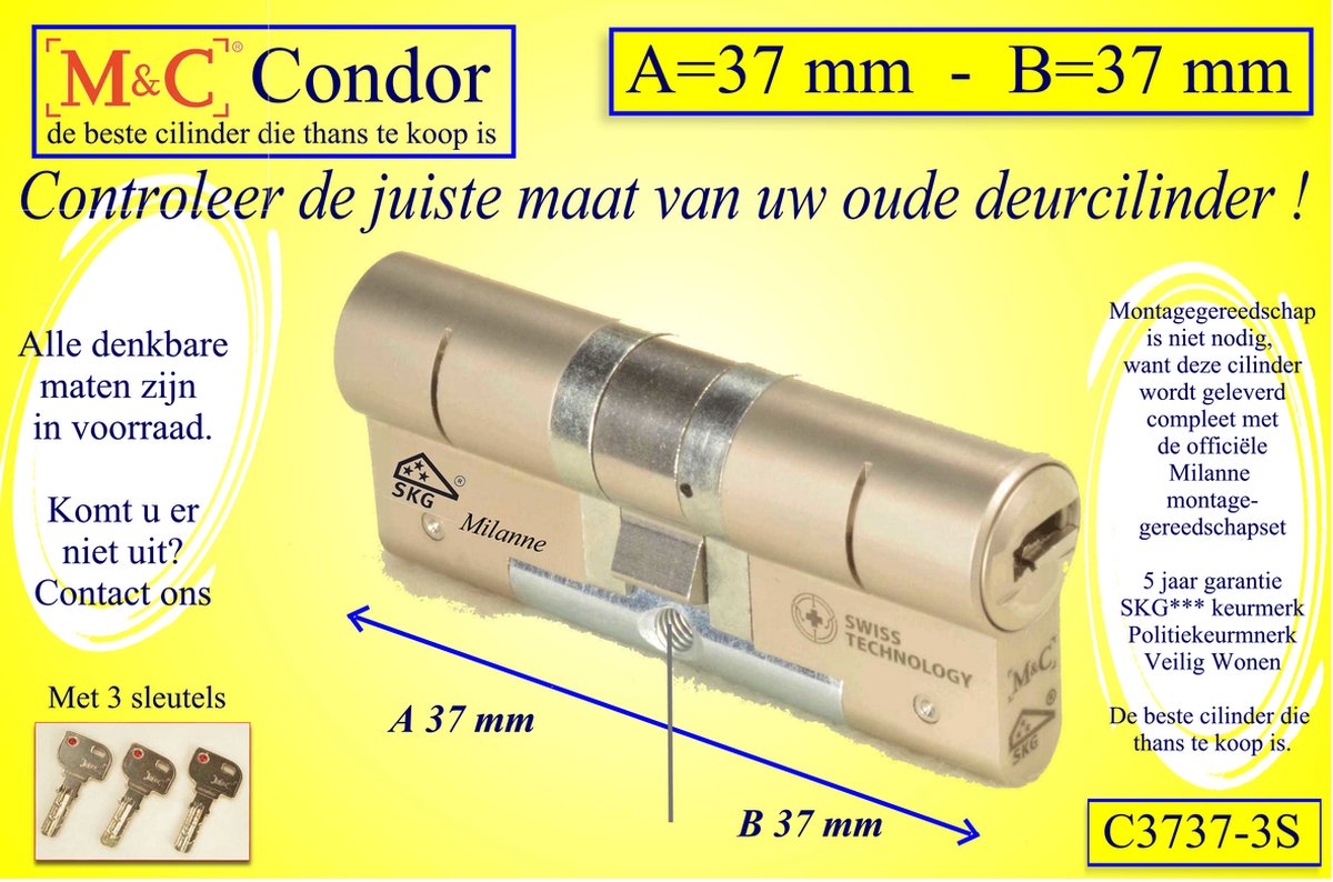 M&C Condor - High Security deurcilinder - SKG*** - 37x37 mm - Politiekeurmerk Veilig Wonen - inclusief gereedschap montageset