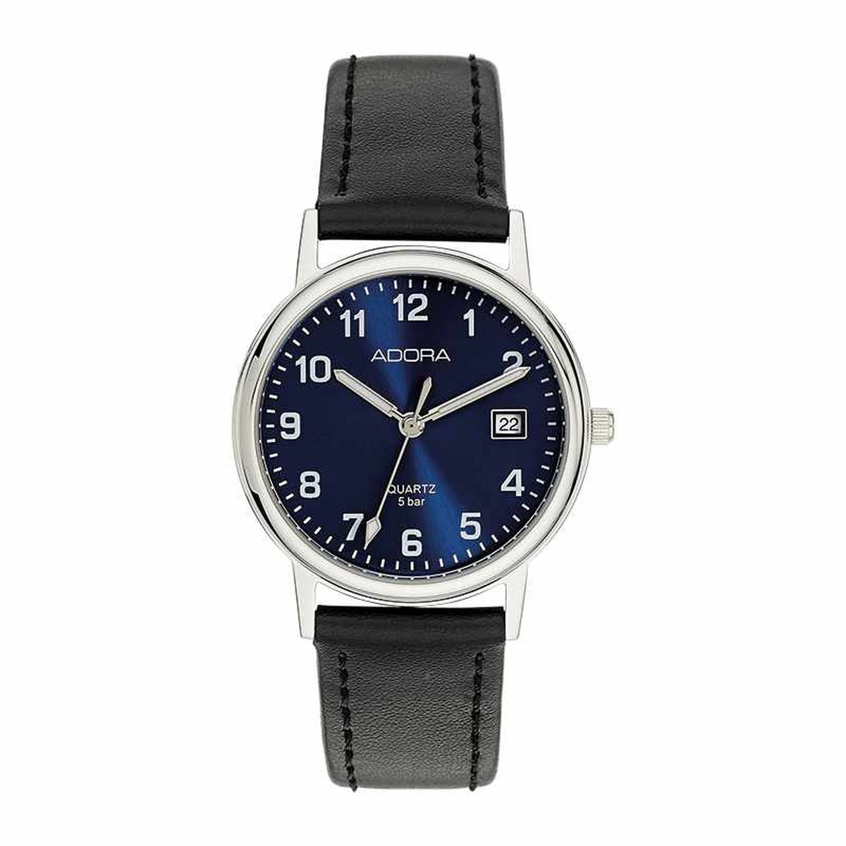Adora horloge met blauw wijzerplaat - datum- zwarte leren band AB6266