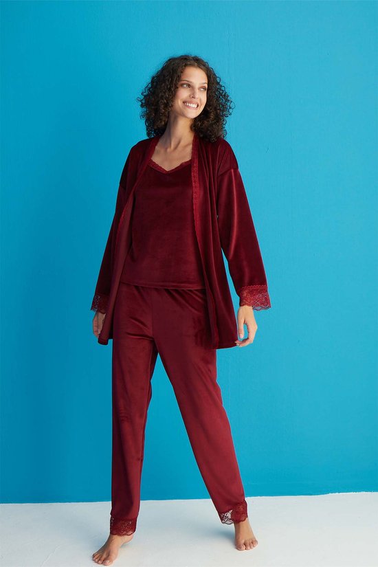 Mihra | Dames 3 Delige Fleece Pyjama Set | 100% Polyester | Lange Mouwen | Bordeaux | L