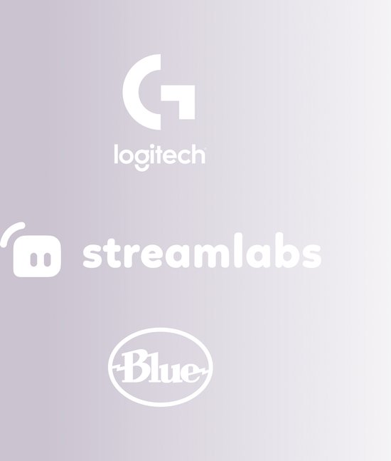 Logo's van Logitech, Streamlabs en Blue.