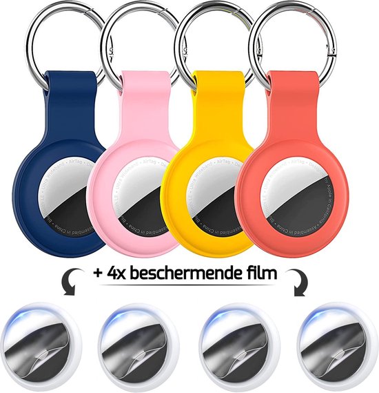 Sleutelhangers geschikt voor Apple Airtag - Airtag-sleutelhangers - Siliconen sleutelhangerset geschikt voor Apple Airtag - 4 stuks + 4 x beschermende film - Mix 4 kleuren (blauw/roze/geel/oranje)