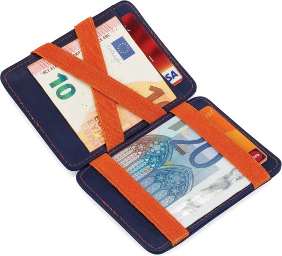 Hunterson compacte Portemonnee voor heren en dames uit leder, Kaarthouder met RFID-bescherming, Portefeuille met plaats voor 8 kaarten, Magic Wallet, Blauw-Oranje