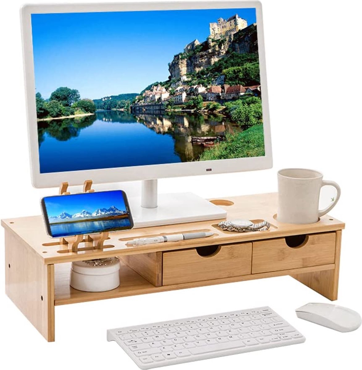 CGPN monitorstandaard, booster, bamboe ergonomische desktop-organizer met 2 laden en telefoonhouder, sleuven voor kantoorbenodigdheden voor computer, laptop, kantoor