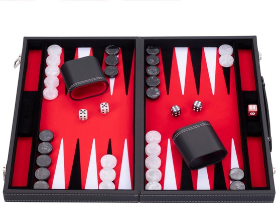 Thumbnail van een extra afbeelding van het spel Backgammon 18inch, rood/zwart/wit ingelegd vilt