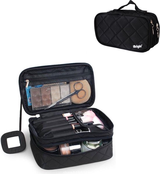 iBright Make-up tasje met spiegel - 2 lagen - Met handige vakjes - Cosmetica organizer - Toilettas Maat S - Zwart