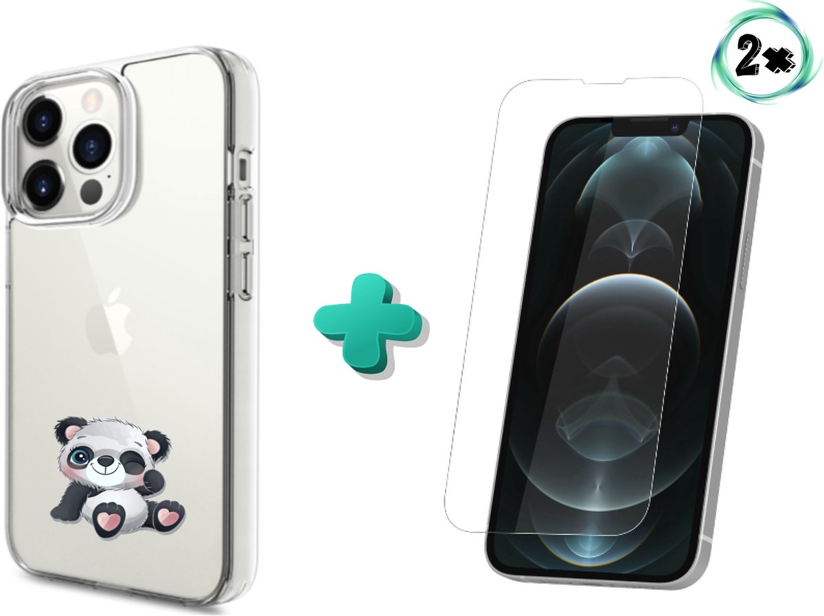 Apple Iphone 13 Pro Max hoesje transparant siliconen hoesje Panda knipoog met 2x Tempered Glass 13 Pro Max Screenprotector * LET OP JUISTE MODEL *