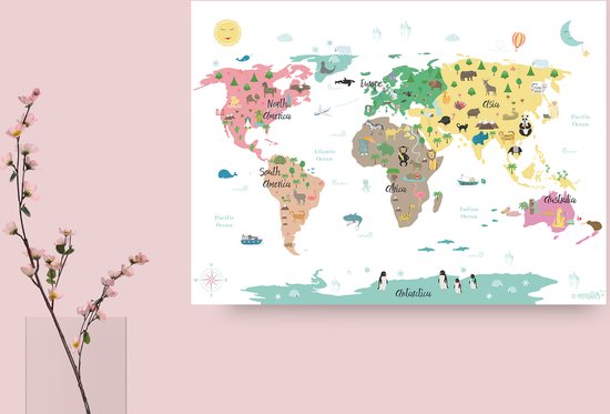 Dieren Wereldkaart Poster voor kinderkamer Wit 50x70 cm