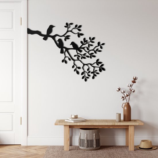Wanddecoratie |Vogels op Tak| Birds on Branch | Metal - Wall Art | Muurdecoratie | Woonkamer | Buiten Decor |Zwart| 90x66cm